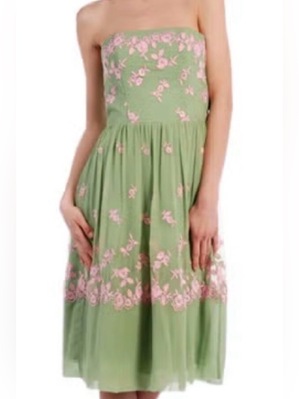 Vintage Betsey Johnson Green Strapless Dress with Pink Floral Embroidery Size 4